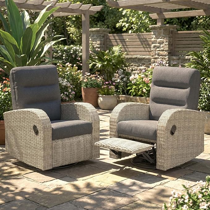 Outdoor Swivel Recliner Chair Set of 2, All-Weather Wicker Reclining Patio Chair with Adjustable Backrest and Footrest Vakollia