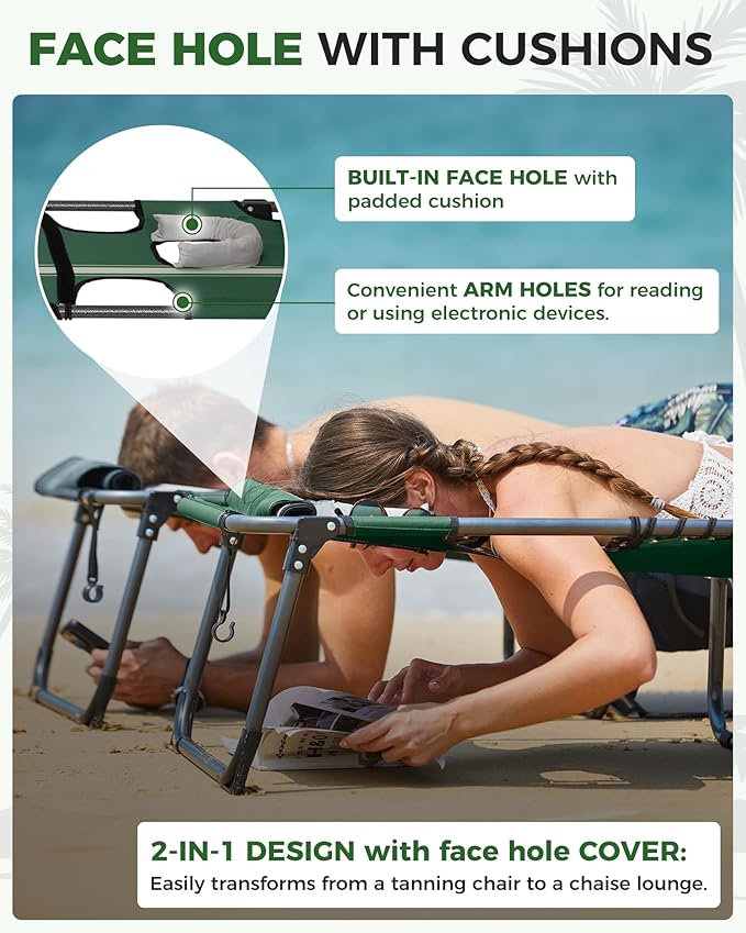 KingCamp Tanning Chair with Face Hole, Lounge Chairs Outdoor Folding Comfy Adjustable 5-Position Foldable Chaise Chaser with Canopy Shade for Outside Beach Patio Sun Bathing Pool, Green/White KingCamp