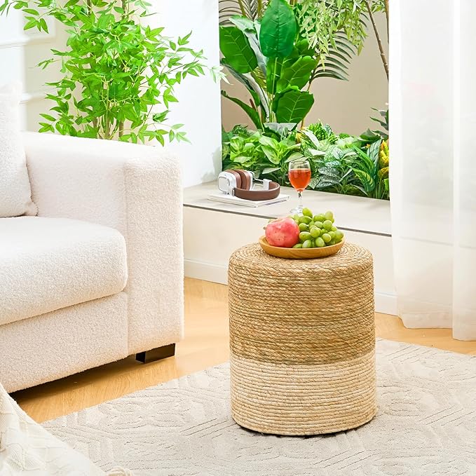 Wimarsbon Ottoman Poufs, 100% Natural Seagrass Pouffe, Hand Weave Round Footstool with Wood Frame, Sitting Braided Footrest, Home Boho Decorative Seat, Accent Chair for Living Room, Bedroom Wimarsbon