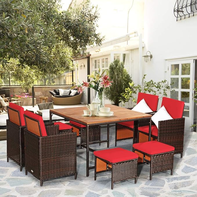 Tangkula 9 Pieces Acacia Wood Patio Dining Set, Space Saving Wicker Chairs and Wood Table with Umbrella Hole Outdoor Furniture Set, Suitable for Garden, Yard, Poolside, Outdoor Seating Set TANGKULA