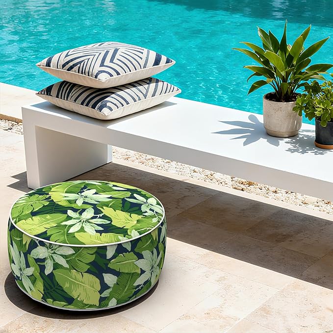 LVTXIII Indoor/Outdoor Inflatable Ottoman with Handle D21 x H9 Inch, Weather-Resistant Round Footstool Pouf for Patio Camping Living Room, Portable Footrest Extra Seating, Jungle Leaves LVTXIII