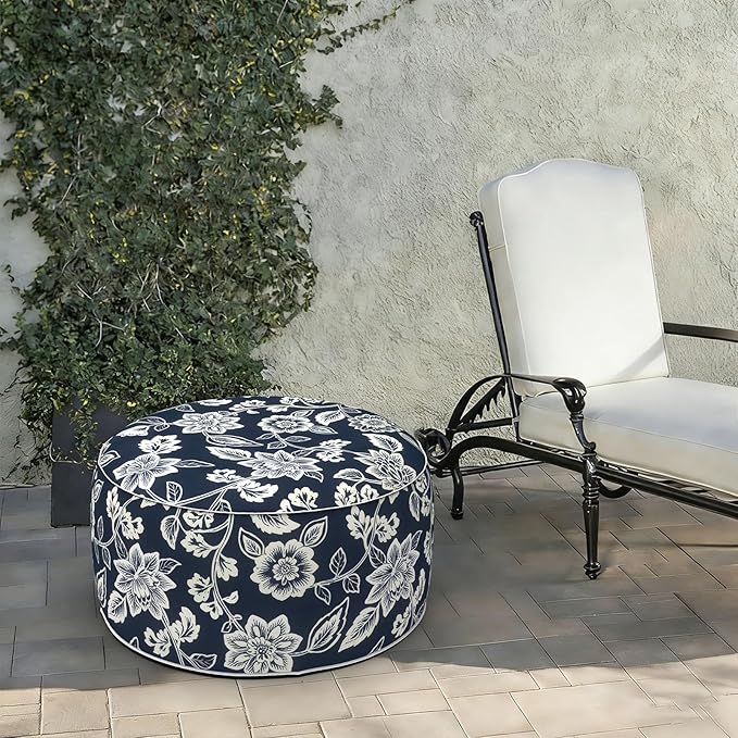 LVTXIII Indoor/Outdoor Extra Large Inflatable Ottoman Pouf D31 x H14 Inch, Round Footstool with Handle, Weather-Resistant Portable Furniture for Patio, Camping, Beach, Elegant Vines Navy LVTXIII