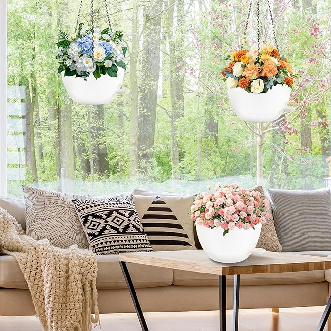 10 inch Hanging Planters for Indoor Plants, 3 Pack Self-Watering Hanging Planter Pots with Chain and Drainage Holes, Outdoor Plastic Hanging Baskets for Garden Home Decor (White, 3pcs/10inch) Rootora