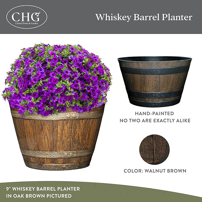 Classic Home and Garden Outdoor Whiskey Resin Flower Pot Barrel Planter, Walnut Brown, 20.5" (2 Pack) ClassicHomeandGarden