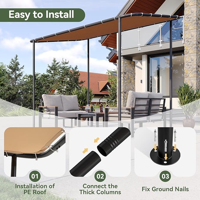 Aoxun 10x6 Lean to Gazebo Outdoor Pergola with Water Resistant & UV-Resistant, Wall-Mounted Canopy Sloped Roof Awning for Patio Backyard, Deck, or Garden Khaki Aoxun