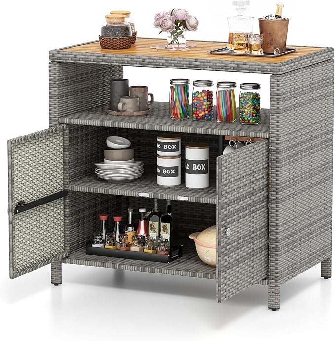 Tangkula Rattan Outdoor Storage Cabinet, Patiojoy Outdoor Cabinet with Acacia Wood Countertop, Open Compartment, 2-Door Wicker Sideboard, Outdoor Bar for Patio Garden Backyard Poolside (Mix Grey) TANGKULA