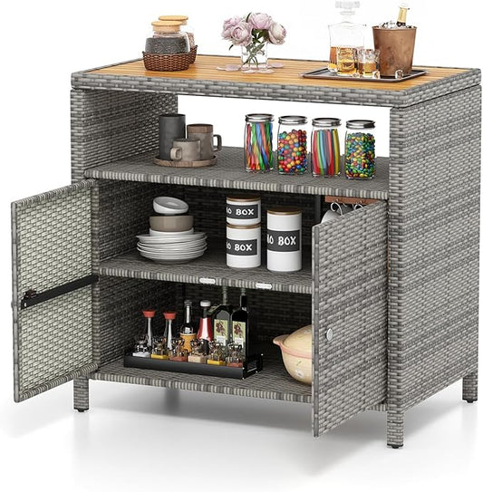 Tangkula Rattan Outdoor Storage Cabinet, Patiojoy Outdoor Cabinet with Acacia Wood Countertop, Open Compartment, 2-Door Wicker Sideboard, Outdoor Bar for Patio Garden Backyard Poolside (Mix Grey) TANGKULA