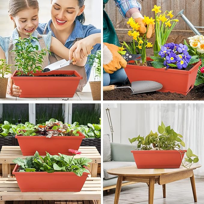 Window Box Planter, 12 Pack Plastic Vegetable Flower Planters Boxes 17 Inches Rectangular Flower Pots with Saucers for Indoor Outdoor Garden, Patio, Home Decor (Brick red) CHUKEMAOYI