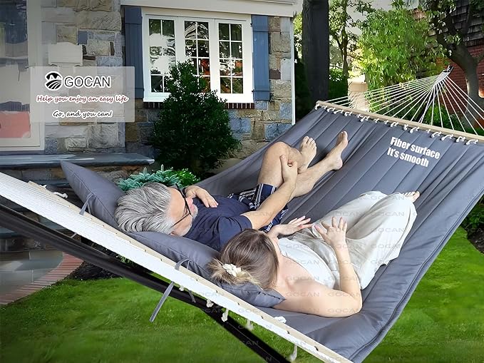 Quilted Fabric Double Hammock Won't flip with Stand and Spreader Bars,Safer and Sturdier,Quality Hammocks for Outdoor Indoor Patio Yard Two Sided Dual use Deep Grey GOCAN