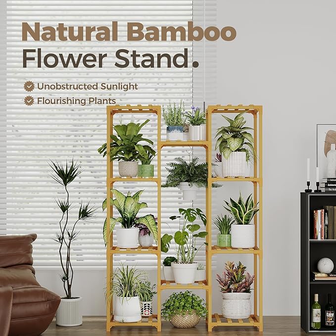Bamworld Bamboo Plant Stand Indoor Hanging Plants Shelf for Multiple Plants Pots, Tall Large Flower Holder for Living Room, Patio, Balcony, Garden Nature Color Bamworld