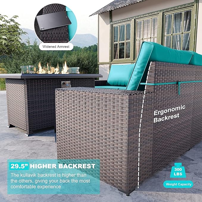 Kullavik 7 Pieces Outdoor Patio Furniture Set with 43" 55000BTU Gas Propane Fire Pit Table PE Wicker Rattan Sectional Sofa Patio Conversation Sets,Blue KULLAVIK