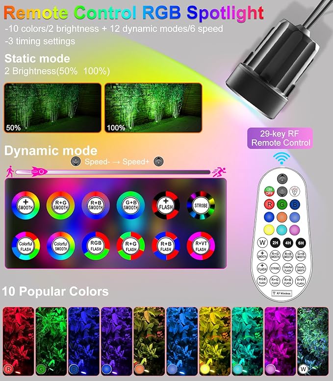MEIKEE 6 in 1 RGB Solar Landscape Lights with Remote, RGB Color Changing LED Solar Spotlights, Outdoor Waterproof RGB Spot Lights for Garden Party Wedding Christmas Festival MEIKEE