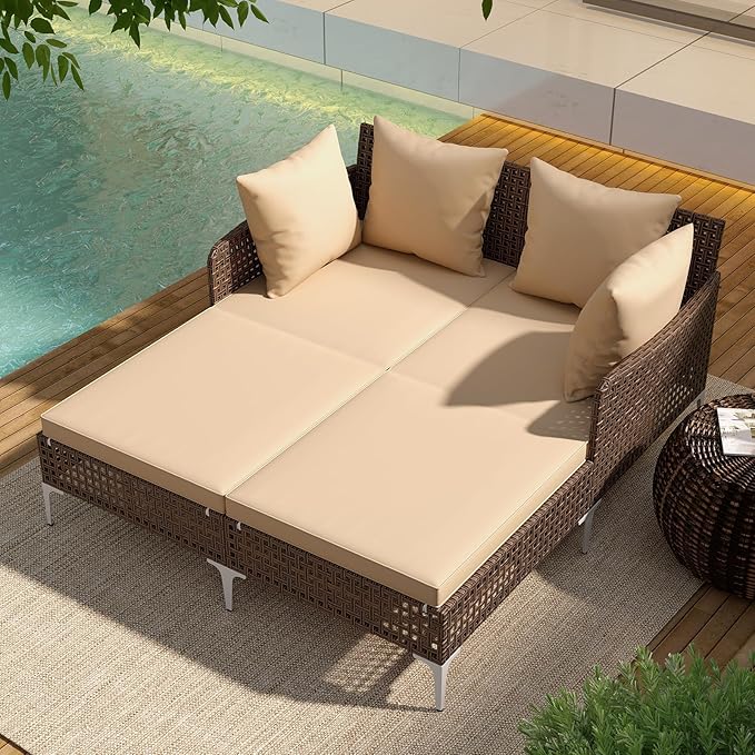Tangkula Outdoor Rattan Double Daybed, Boho Wicker Chaise Lounge for 2 with Seat & Back Cushions, Outdoor Sunbed Loveseat with Metal Support for Backyard, Poolside & Deck (Brown) TANGKULA