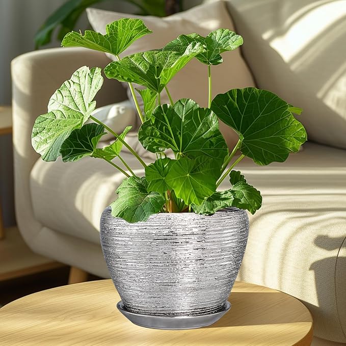 Pot for Plants 8 Inch - Ceramic Plant Pot Indoor with Drainage Hole and Saucer Decorative Planter for Indoor Plants Modern Round Flower Pot for Home Decor Silver Ceramicfor