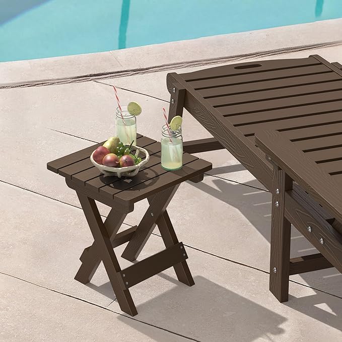 LUE BONA Small Outdoor Folding Side Table, HDPS Outside End Table for Patio, Porch, Deck, Pool, 14 Inch Height, Dark Brown LUEBONA