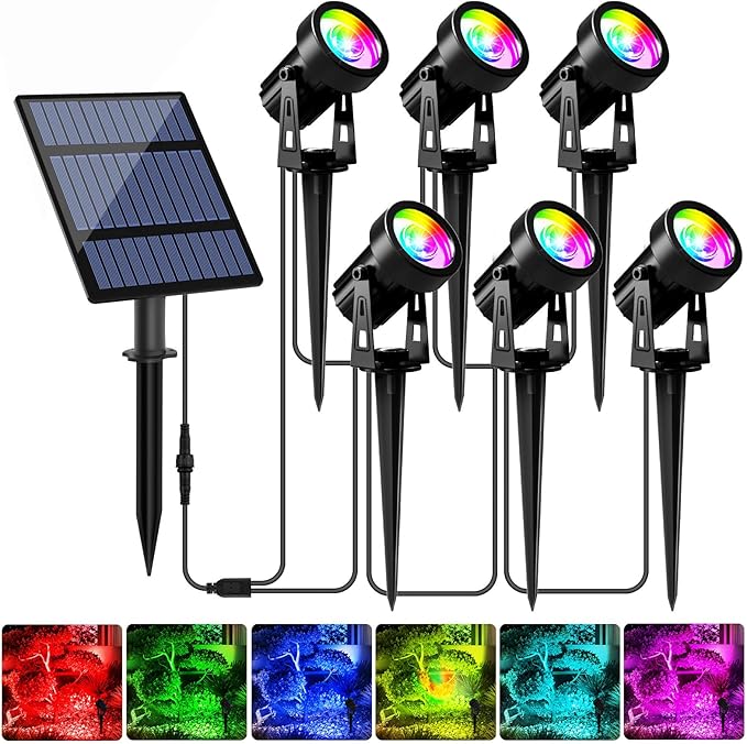 T-SUNUS RGB Solar Spot Lights Christmas Outdoor 6-in-1, Color Changing Landscape Spotlights Pond Lighting Waterproof IP65 9.8ft Cable for Tree Patio Pathway Yard Garden Wall Flag Halloween Holiday T-SUNUSLighting