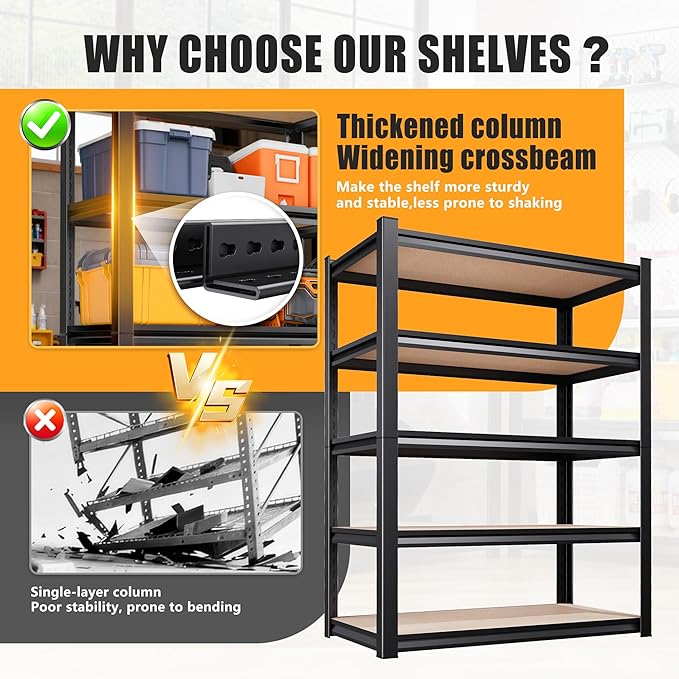Set of 2 Garage Shelving Heavy Duty Storage Shelves, Metal Adjustable Shelving Unit, Utility Garage Organizer Shelf for Basement, Pantry, Kitchen, Warehouse, 13.8''Dx31.5''Wx71.2''H, Black Rootora