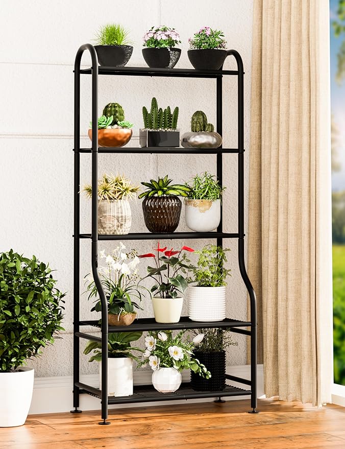5-Tier Metal Plant Stand Indoor Outdoor, Waterproof Flower Stand for Multiple Pots, Heavy Duty Plant Stands for Living Room Patio Garden Decor, Tall Plant Shelf with Leveling Feet, Black Yutrchey