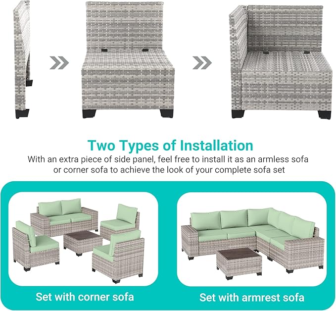 15-Piece Outdoor Patio Furniture Set with Rocking Swivel Chair Wicker Sectional Sofa Set, Patio Conversation Set with Thickened Cushions & Coffee Table for Garden, Backyard, Light Green MuphyersPatioFurniture