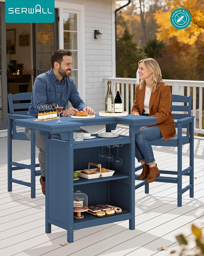 SERWALL Outdoor Bar Table Set (1 Table with 2 Chairs) – HDPE Blue Patio Bar Cabinet with 4-Tier Storage & Spacious Tabletop, Perfect for Outdoor, Poolside, Backyard SERWALL