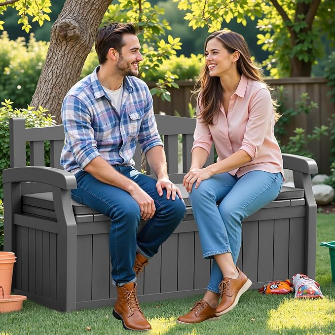 Flamaker 80 Gallon Storage Bench with Cushions Outdoor Indoor, Durable All-Weather Seating with Hidden Storage, Lockable Deck Box for Garden, Patio, Poolside (Grey) Flamaker