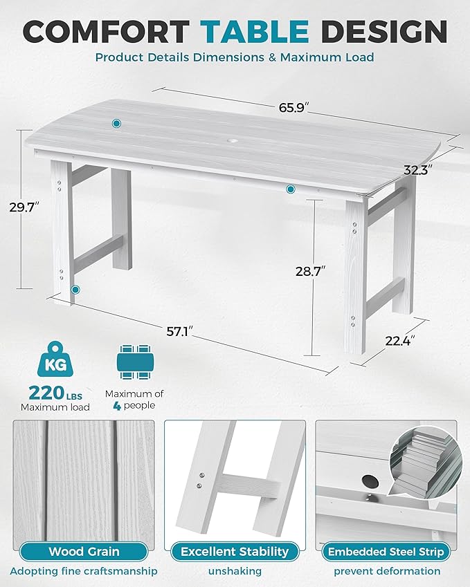 Ciokea HDPE Outdoor Dining Set, 5-Piece Patio Table and Chairs Set with Umbrella Hole, All-Weather Patio Dining Sets for 4, Durable Patio Furniture for Backyard, Garden, Lawn & Poolside, White CIOKEA