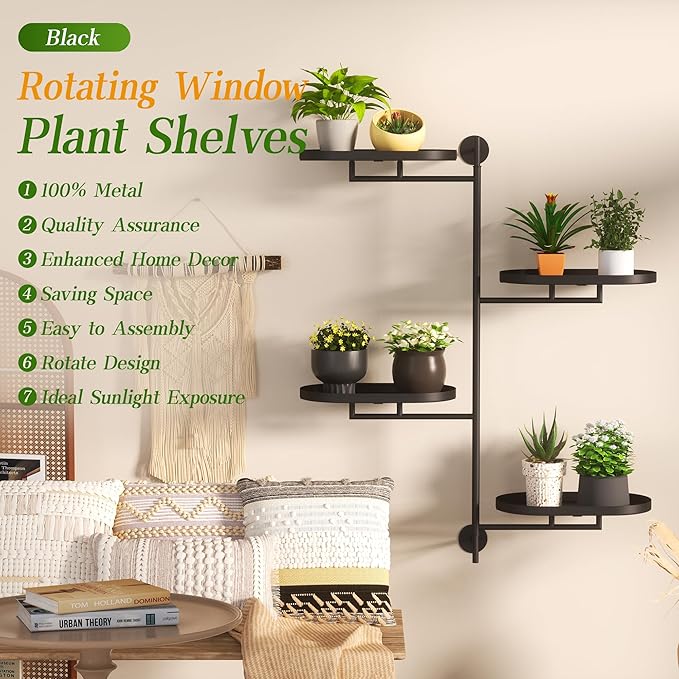 Window Rotating Plant Stand Shelf Indoor Black Metal Floating Shelves 4-Tier Wall Mount Plant hanger Holders for Wall Planter Modern Home Decor window sill gifts YQSLYSF