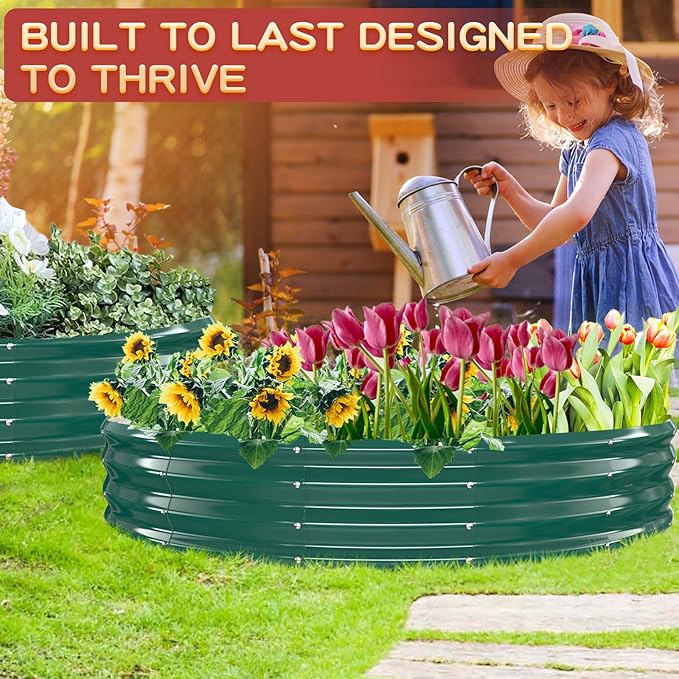 Durable Round Galvanized Steel Raised Garden Bed for Planting,Round Galvanized Steel Fire Ring/Fir Pit for Outdoor- 6×6×1FT,0.8MM Thick (Dark Green, 72 ins Diameter x 12 ins high) zbzbml