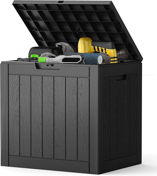 NEWBULIG 31 Gallon Outdoor Storage Box, Waterproof Deck Box with Lockable Lid, Patio Furniture Bench & Side Table, Easy Assembly, for Garden, Pool, Patio & Backyard Organization, Black NEWBULIG