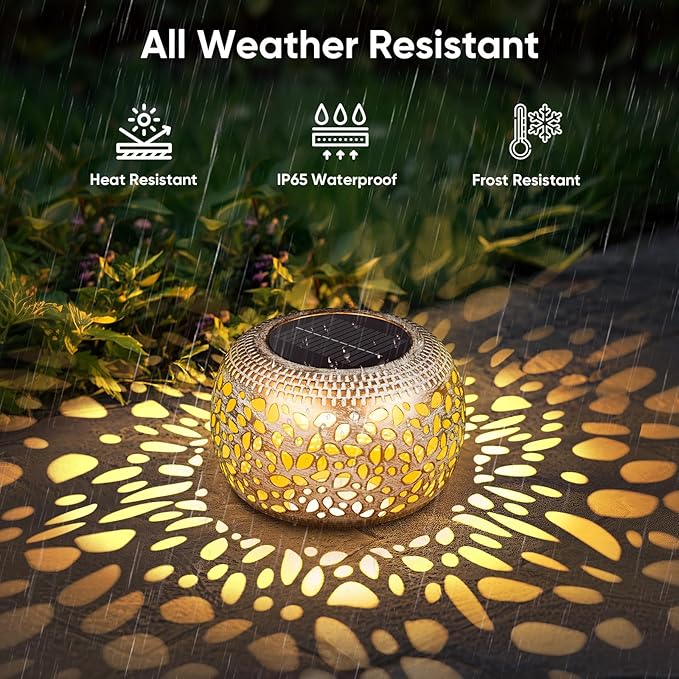 Solar Lanterns Outdoor Waterproof: 2 Pack White Gold Hollow Out Metal Solar Lights - 2 Lighting Colors Outside Patio Garden Yard Porch Tabletop Decorations - Unique Gifts for Women Mom Wife NFEVER
