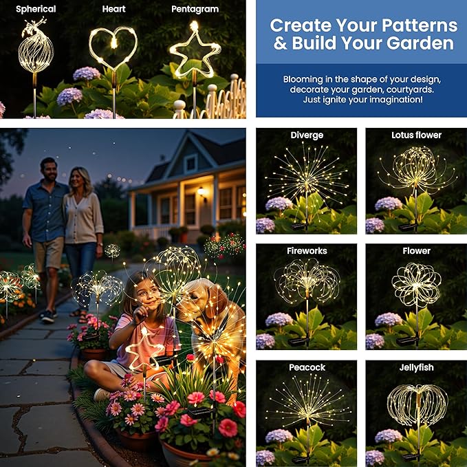 Solar Lights Outdoor, 120LED 4pack Fairy Garden Lights Decor for Outside Fireworks Lights Solar Powered for Yard, Patio, Pathway, Walkway, Balcony, Warm White Suncket