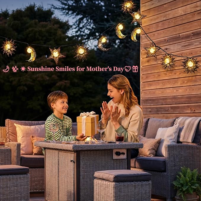 Beautyard Solar String Lights Outdoor Star Moon Sun 13Ft 153In Led Solar Powered Decorative Lights for Garden Patio Yard Trees Mothers Birthday Gifts Party (Warm White) (Star Moon Sun String Lights) Beautyard