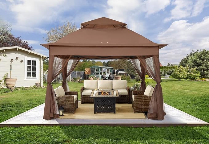 COOSHADE 11x11 Pop Up Gazebo Tent Outdoor Canopy Patio Shelter with Mosquito Netting(Brown) COOSHADE