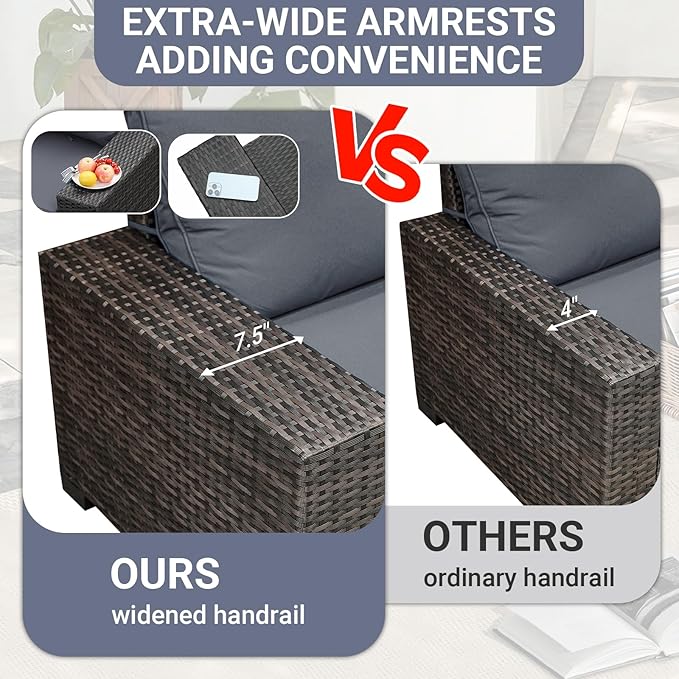 Jing's Villa 5-Piece Patio Furniture Set, All-Weather Outdoor Wicker Sectional Sofa with Cushions, Tempered Glass Table & Ottoman, Rattan Conversation Seating for Porch, Garden, Backyard,Grey JingsVillaOutdoorFurniture