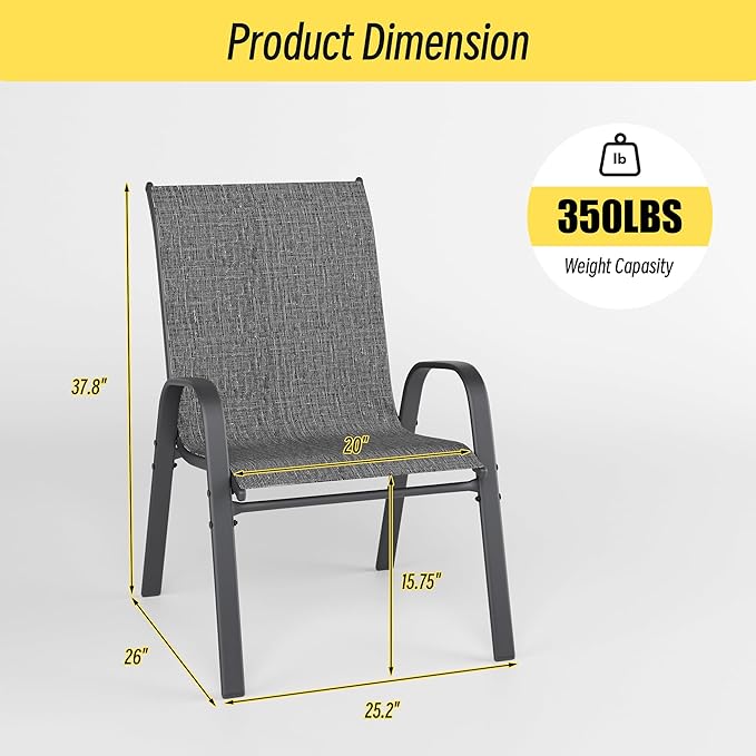 Betterhood Patio Chairs Set of 4, Stackable Outdoor Dining Chairs Set with Breathable Seat Fabric, All-Weather Powder-Coated Metal Frame for Deck, Pool Side and Backyard, 350LBS Capacity (Grey) Betterhood