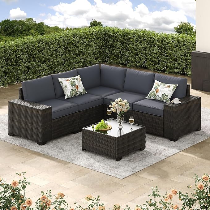 Jing's Villa 6-Piece Patio Furniture Set, All-Weather Outdoor Wicker Sectional Sofa with Cushions, Glass Table & Left and Right Armrest, Rattan Conversation Seating for Porch, Garden, Backyard,Grey JingsVillaOutdoorFurniture