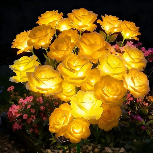 Solar Rose Lights Outdoor,2 Pack Waterproof Color Changing LED Flower Lights, with 12 LED Flowers, Solar Powered Garden Stakes for Yard, Patio, Artificial Floral Decorative Lighting, Yellow Rootora