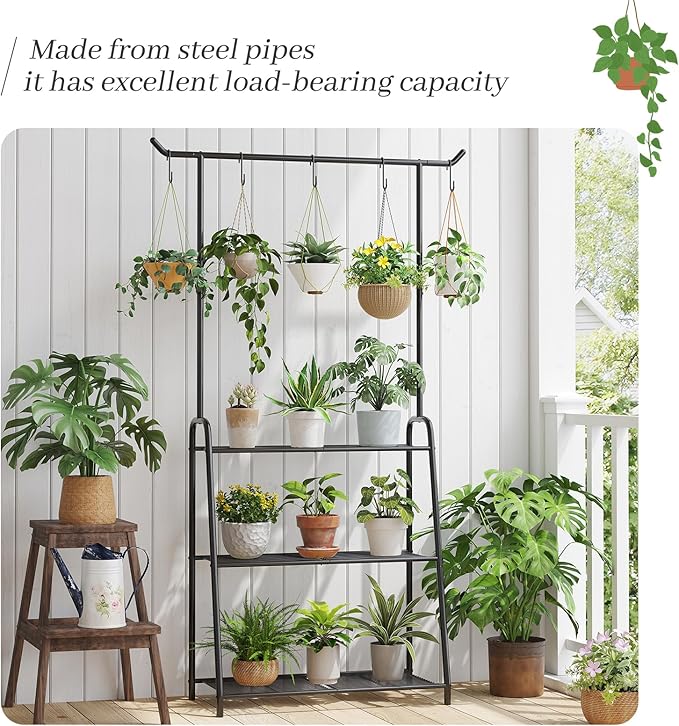 Plant Stand Indoor Outdoor,Metal Plant Stands for Multiple Plants,3 Tier Tall Hanging Plant Shelf,Large Heavy Duty Flower Holder Ladder Plant for Living Room, Patio, Balcony (Black) Kitsanery