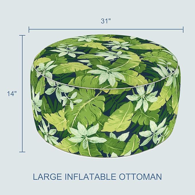 LVTXIII Indoor/Outdoor Extra Large Inflatable Ottoman Pouf D31 x H14 Inch, Round Footstool with Handle, Weather-Resistant Portable Furniture for Patio, Camping, Beach, Jungle Leaves LVTXIII