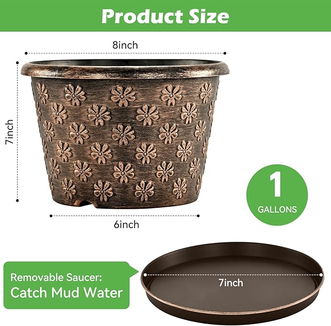 8 Inch Planter Pots for Plants, Plastic Flower Pots Indoor Outdoor, 5 Pack Resin Plant Pot with Drainage & Saucer, Retro Decorative Garden Pot with Removable Trays for House FlowyypoPlantPot