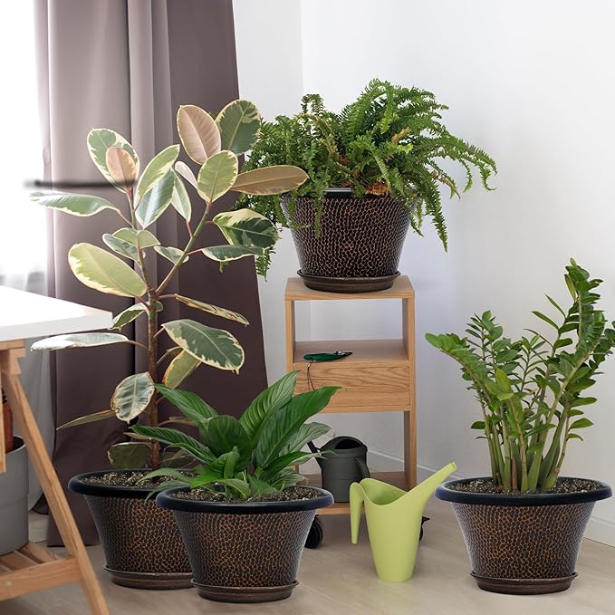 Quarut 12 Inch Pots for Plants,4 Pack Large Flower Pots with Drainage Hole & Saucer,Modern Planters for Indoor Outdoor Plants,Decorative Resin Garden Pots Brown Quarut