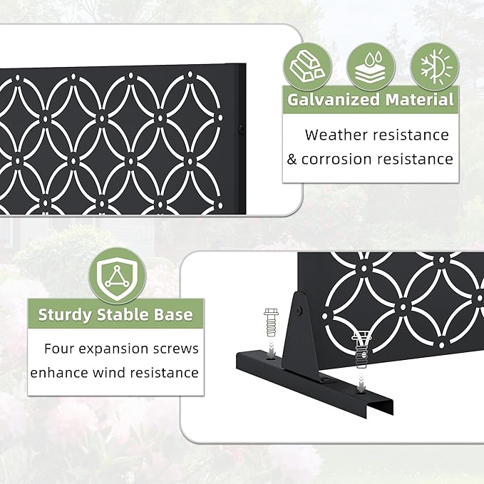 Casaphoria Metal Privacy Screen Outdoor, 72" H x 47" W Freestanding Decorative Privacy Screen for Patio Deck Balcony Garden with Stable Base, Palace Black Casaphoria