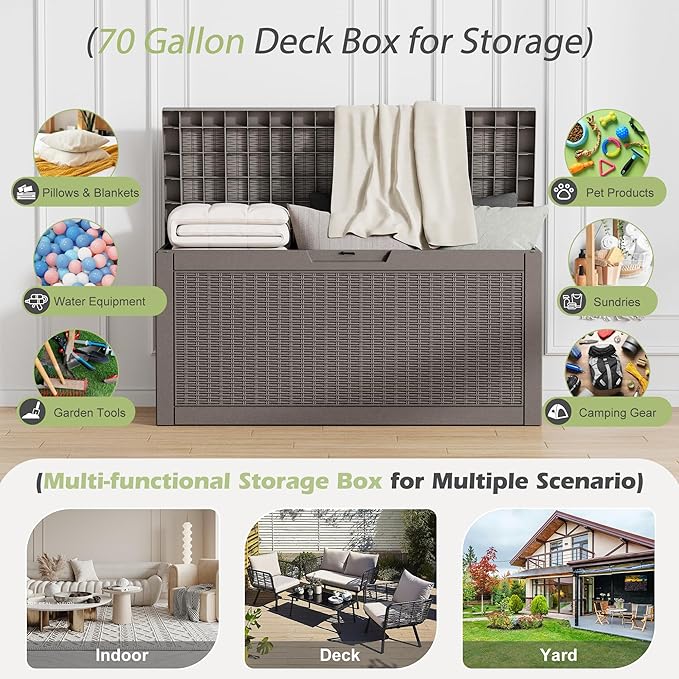 Outdoor Storage Box, Resin Deck Boxes Indoor and outdoor, Waterproof Storage Box Lockable Lid (Grey,70 Gallon) NBYSGO