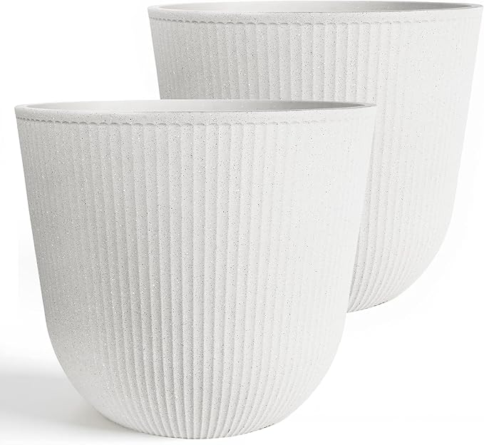 WORTH Garden Round Large Planter Pot Set of 2-17.5" Dia x 15.5" H - Durable Plastic White Plant Tree Pots with Vertical Stripe Textured Finish, Drainage Hole for Indoor, Outdoor, Front Porch, Patio WORTH