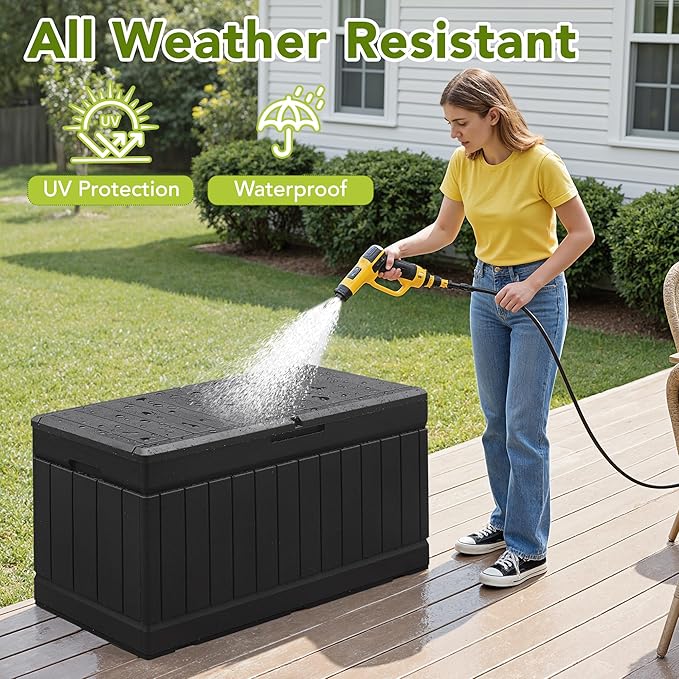 Devoko 78 Gallon Deck Box, Waterproof Resin Outdoor Storage Box for Outside and Patio, Outdoor Storage Bench Lockable for Patio Furniture, Garden Tools and Pool Supplies (Black, 78 Gallon) DEVOKO