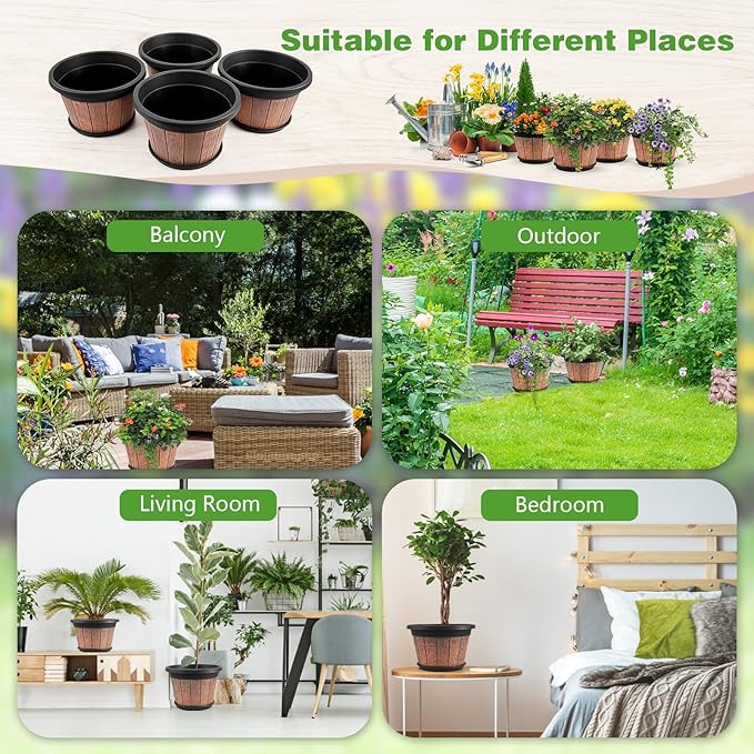 Quarut 4 Pack 12 inch Plant Pots,Whiskey Barrel Planters with Drainage Holes & Saucer,Plastic Decoration Flower Pots Retro Design,Planters for Outdoor Indoor Garden Home Plants (Brown) Quarut