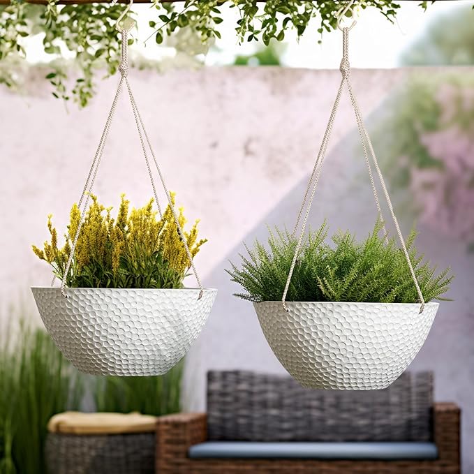 LA JOLIE MUSE Hanging Planters for Outdoor Plants, Large Hanging Planter with Drain Holes, Outdoor Hanging Flower Pots, White Stone, Honeycomb (13.2 Inch, Set of 2) LaJol%C3%ADeMuse