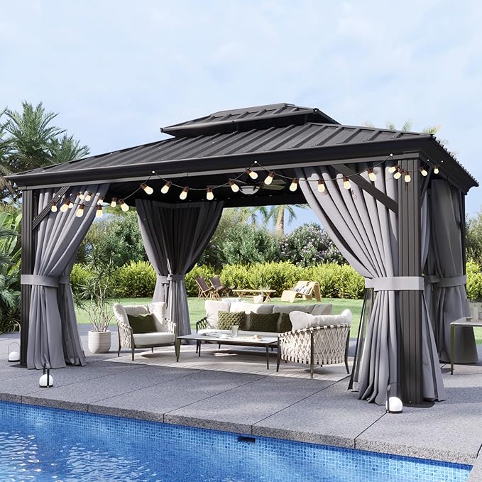 Aoxun 10'x12' Hardtop Gazebo, Aluminum Frame Canopy with Double Galvanized Steel Roof, Outdoor Metal Pavilion with Netting, and LED Outdoor Waterproof Hanging Lights Aoxun