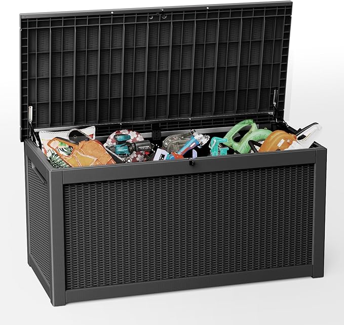 310 Gallon Lockable Outdoor Storage Box – Waterproof Resin Deck Box for Patio Furniture, Garden Tools, Pool Accessories (Black) Rootora