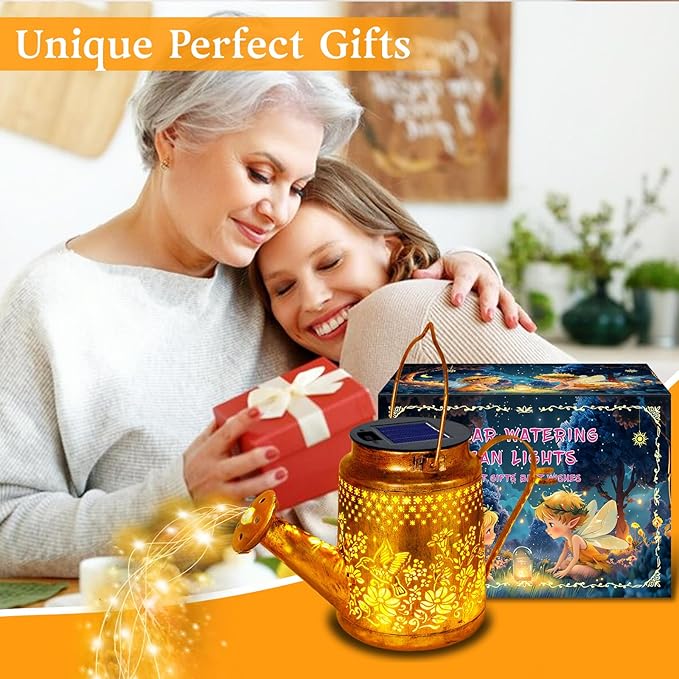 Solar Powered Hummingbird with Flowers Watering Can Lights Waterproof Outdoor Garden Decor with Shepherd Hook, Hanging Lights for Yard, Porch, Backyard Perfect Christmas Gift for Women, Mom, Grandma YJFWAL